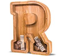 JOOMLAFLY Wooden Letter Piggy Bank for Kids 9"Clear Coin Bank with Stickers | Personalized R Piggy Bank for Boys and Girls with Stickers,See Saving Grow,Unbreakable Coin Bank,Gift for Birthday&Christmas