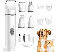 Joomouney Dogs Clippers, 4-in-1 Dog Grooming Kit, Cordless Hair Clipper for Cats, Dogs Nails Clippers with 4 Replacement Heads, USB Rechargeable & Low Noise, Dog Paw Trimmer for Small Pets (White)