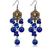 JOONL Handmade Bohemian 70s 80s Vintage Copper Chandelier Flower Dangle Drop Earrings Chic Glitter Colorful Bead Shell Tassel Hook Earrings For Women