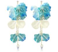 JOONL Handmade Bohemian Layered Fabric Long Tassel Flower Dangle Drop Earrings Sparkly Crystal Bead Velvet Rose Pearl Petal Stud Earrings For Women, L, Fabric, No Gemstone