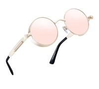 Joopin Polarised Retro Circle Sunglasses Steampunk, Vintage 90s Rocking Style Round Mirrored lens Metal Sunglasses for Men Women UV400 Protection(Retro Pink)