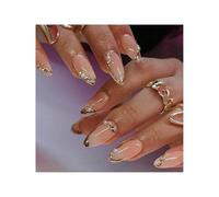 JOOTUEPO 24PCS Press on Nails, Almond Fake Nails, False Fingernails French Tip, Nude with Gold Edge Line Design, Elegant Reusable Full Cover Stick On, for Women and Girls Nail Art, Finger Daily Wear