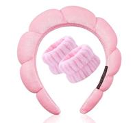 JOOTUEPO 3 Pieces Spa Headband for Washing Face, Elastic Hairbands Face Washing Wristband, Sponge Puffy Makeup Headbands for Women Girls Shower/Sports/Yoga (Pink)