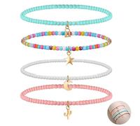 JOOTUEPO 4 Pcs Boho Handmade Beads Multilayered Ankle Bracelets Colorful, Anklet Beaded Bracelet Elastic Foot Jewelry, Women Anklets Moon and Star Pendant for Summer Beach