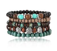JOOTUEPO 5PCS Boho Beaded Bracelets for Woman Man,Multi Layer Stackable Wooden and Alloy Bracelets,Tree of Life Pattern Design,Wooden Elastic Portability Cuff Bangle Wristband Jewelry