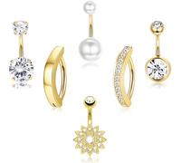 JOOTUEPO 6PCS Belly Button Bars Gold Belly Button Bars Belly Button Rings 14G Navel Bars Belly Button Rings Pearl Piercing Jewellery Round Pearl Diamond for Women Girls