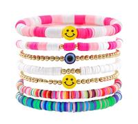 JOOTUEPO 7 PCS Friendship Bracelets, Inspired Bracelets Set Colorful Beaded Stretch Bracelets Clay Stackable Boho Disc Bracelets Y2K Aesthetic Summer Beach Jewelry