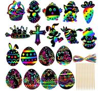 JOOTUEPO Easter Scratch Art, 36 Pcs Easter Crafts for Kids, Egg Decorations Papers, Magic Rainbow Scratch Paper Kit Cute Bunny Carrot Easter Egg Scratch Art for Kids Easter Party Fillers