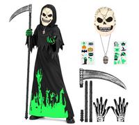 Joozmui Kids Glow in the Dark Grim Reaper Costume, Halloween Fancy Dress Set for Boys with Bodysuit, Mask, Gloves, Tattoos, Necklace & Scythe - Perfect Halloween Costumes for Kids