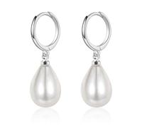 JOPLY Sterling Silver Pearl Drop Earrings for Women, White TearDrop Freshwater Pearl Hoop Earrings 10 mm Pearl with Silver Hoops Dangle Earrings for Ladies Girls Fashion Jewellery Gifts