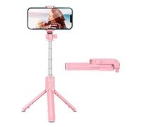Jopwkuin 360 Degree Rotating Base Selfie Stick with Remote Control for Live Video Selfie Lovers Portable Folding Rod for Travel Photographers Stainless Steel Telescopic Stick (Pink)