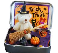 JOPWUE Little Bear In A Box for Trick or Treat, Halloween Interactive Toys,Mini Cute Teddy Bear Gift with Wizard Hat,Pumpkin & Cat Halloween Decoration Sets for Accompany & Festival Gifts (White)