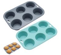 JORcadis 2 Pack 6-Cup Jumbo Muffin Tins with Handle, Silicone Muffin Trays, Non-Stick Yorkshire Pudding Tray, Perfect for Baking Muffins and Frozen Desserts (Gray and Blue)
