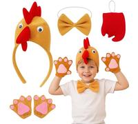 JORcadis 4 Pcs Chicken Costume with Hat Headband, Gloves, Bow Tie and Tail, Cockerel Hen Animal Costume Set, Chicken Outfit for Party Dressing Up Role Play Carnival Celebration