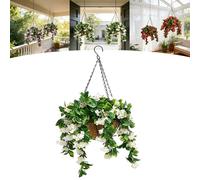 JORCEDI 15" Faux Crepe Myrtle Hanging Baskets, Artificial Hanging Baskets Outdoor, UV Resistant Realistic Artificial Hanging Plants for Patio,Porch & Home Decor (White,1pcs)