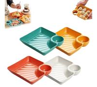 JORCEDI 2026 New Sauce Separated Plate, Veggie Platter Dipping Serving Trays with Sauce Rack, Reusable Dumpling Plate, Chips and Salsa Serving Dish for Sushi, Picnic, Camping, Outdoor Party (4pcs)