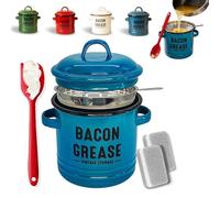 JORCEDI 2026 Upgraded Enamel Bacon Grease Container with Stainless Steel Strainer, Food-Grade Silicone Scraper & Leak-Proof Lid - Large-Capacity, Splatter-Free Fat Storage Jar for Cooking, Baking (B)
