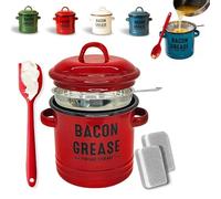 JORCEDI 2026 Upgraded Enamel Bacon Grease Container with Stainless Steel Strainer, Food-Grade Silicone Scraper & Leak-Proof Lid - Large-Capacity, Splatter-Free Fat Storage Jar for Cooking, Baking (C)