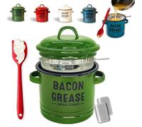 JORCEDI 2026 Upgraded Enamel Bacon Grease Container with Stainless Steel Strainer, Food-Grade Silicone Scraper & Leak-Proof Lid - Large-Capacity, Splatter-Free Fat Storage Jar for Cooking, Baking (D)