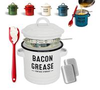 JORCEDI 2026 Upgraded Enamel Bacon Grease Container with Stainless Steel Strainer, Food-Grade Silicone Scraper & Leak-Proof Lid - Large-Capacity, Splatter-Free Fat Storage Jar for Cooking, Baking (A)