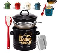 JORCEDI 2026 Upgraded Enamel Bacon Grease Container with Stainless Steel Strainer, Food-Grade Silicone Scraper & Leak-Proof Lid - Large-Capacity, Splatter-Free Fat Storage Jar for Cooking, Baking (E)
