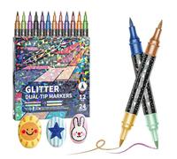 JORCEDI 24/48/72/96 Colours Glitter Brush Markers Set Dual Tip Metallic Shimmer Pens Soft Brush & Fine Tip Colouring Pens Journaling Calligraphy Card Making & Crafts (12 PCS/ 24 Colour)