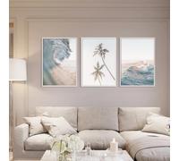 JORCEDI 3 Piece Beach Landscape Canvas Poster Set, Modern Ocean Wave Wall Art in Calming Blue Tones, Serene Coastal Scenery for Living Room, Bedroom or Office, Unframed (21 * 30cm)