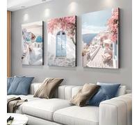 JORCEDI 3pcs Poster Scenery Of Santorini, Greece White Wall Art Romantic Castles And Seas Of Flowers Pink Posters & Prints Room Decor For Living Room Bedroom Office Frameless (blue,50x70cm)