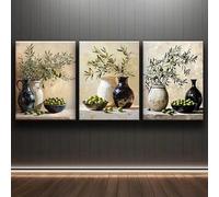 JORCEDI 3pcs Vintage Rustic Olive Branch Wall Art Poster Set,Green Olive Branch In Earthenware Pot Canvas Minimalist Botanical Oil Painting, Prints For Farmhouse Room Decor Unframed (Retro,30x40cm)