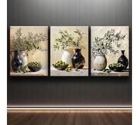 JORCEDI 3pcs Vintage Rustic Olive Branch Wall Art Poster Set,Green Olive Branch In Earthenware Pot Canvas Minimalist Botanical Oil Painting, Prints For Farmhouse Room Decor Unframed (Retro,21x30cm)