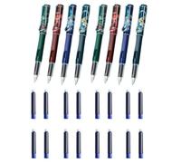 JORCEDI 8pcs Chinese Mythical Beasts Pattern Fountain Pen 16 Matching Blue Ink Cartridges, Plastic Pen Casing Comfortable To Hold And Writes Smoothly For Business And Leisure School
