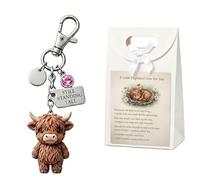 JORCEDI A Little Highland Cow for You Keychain: Your Daily Reminder of Quiet Strength with Gift Bag, Lucky Gem Little Highland Cow for You Keychain with Birthday Crystals (Brown A,August)