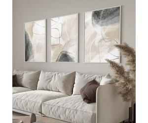 JORCEDI Abstract Watercolour Canvas Wall Art Set of 3, Beige Grey Black Boho Minimalist Line Posters Prints for Living Room Bedroom Decor, 21x30-50x70cm, Unframed (21x30 cm,A)