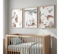 JORCEDI Boho Ocean Nursery Canvas Wall Art Set of 3, Watercolour Whale Turtle Jellyfish Posters Prints, Kids Bedroom Bathroom Decor, 21x30-50x70cm, Unframed (21x30 cm,A)