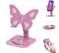 JORCEDI Butterfly Phone Stand 360° Rotating Aluminum, Butterfly Adjustable Phone Stand for Desk, Foldable Mobile Holder Dock with Smartphones & Tablets for Home Office Travel (Pink)
