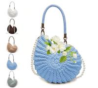 JORCEDI Crochet Shell Bag, Radiant Nautilus Shell Bag, Sea Shell Clutch Shoulder Handbag with Pearl Strap for Women Summer Vacation Boho Shoulder Bags (Blue)