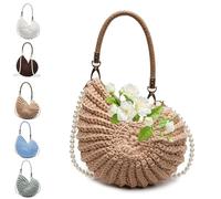 JORCEDI Crochet Shell Bag, Radiant Nautilus Shell Bag, Sea Shell Clutch Shoulder Handbag with Pearl Strap for Women Summer Vacation Boho Shoulder Bags (Khaki)