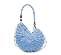 JORCEDI Crochet Shell Bag Seashell Women Beach Shoulder Bag Solid Color Pearls Chain Crossbody Bag for Vacation Travel (Blue)