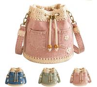 JORCEDI Denim Crochet Bucket Bag for Women Boho Drawstring Crossbody Shoulder Bag with Adjustable Strap for Everyday Use (Pink)