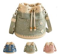 JORCEDI Denim Crochet Bucket Bag for Women Boho Drawstring Crossbody Shoulder Bag with Adjustable Strap for Everyday Use (Green)