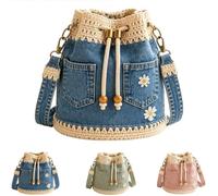 JORCEDI Denim Crochet Bucket Bag for Women Boho Drawstring Crossbody Shoulder Bag with Adjustable Strap for Everyday Use (Blue)