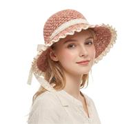 JORCEDI Elegant Woven Straw Sun Hat with Bow for Women Versatile Retro Woven Handmade Straw Hat with Ruffled Bow Summer Beach Hat (Pink,B)