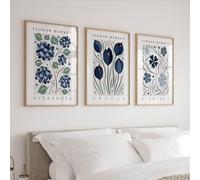 JORCEDI Flower Market Canvas Wall Art Set of 3, Botanical Floral Posters Vintage Blue Green Room Decor for Living Room Bedroom, 21x30-50x70cm, Unframed (50x70 cm,A)