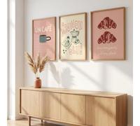 JORCEDI French Cafe Brunch Club Canvas Wall Art Set of 3, Pink Retro Coffee Croissant Posters Prints, Kitchen Dining Room Decor, 21x30-50x70cm, Unframed (30x40 cm,A)