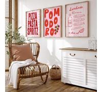JORCEDI Funky Pink Red Kitchen Canvas Wall Art Set of 3, Retro Italian Pizza Pasta Spritz Posters Prints, Pop Art Dining Room Decor, 21x30-50x70cm, Unframed (30x40 cm,A)