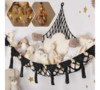 JORCEDI Hand-Woven Macrame Stuffed Animal Hammock - Boho Toy Storage Net for Plushies, Teddy Bears & Dolls - Decorative Nursery Organizer for Kids’ Bedrooms, Playrooms & Girl’s Room Décor (Black)