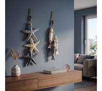 JORCEDI Lighted Coastal Wooden Starfish & Fish Hanging Decor Mediterranean Beach Wall Decoration with Warm LED Lights for Home Bathroom Bedroom Café & Restaurant (2,Mix,Standard Version)