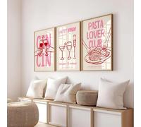 JORCEDI Pink Kitchen Wall Art Set of 3, Trendy Pasta Wine Line Art Canvas Prints Posters, Funky Dining Room Bar Decor, 21x30-50x70cm, Unframed (30x40 cm,A)