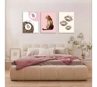 JORCEDI Pink Preppy Coquette Canvas Wall Art Set of 3, Leopard 8 Ball Bow Lips Posters Prints, Funky Room Decor for Teenage Girls Bedroom Dorm, 21x30-50x70cm, Unframed (21x30 cm,A)