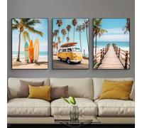 JORCEDI Retro Beach Canvas Wall Art Set of 3, Surf Bus Palm Tree Surfboard Tropical Posters Prints, California Coastal Living Room Bathroom Decor, 30x40cm, Unframed (21x30 cm,A)